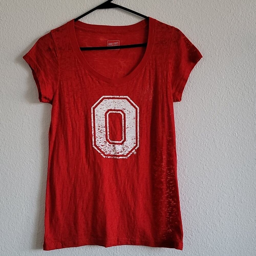 OHIO STATE Graphic Tee Burnout Sports T-Shirt College Scoop Neck Size Medium Red